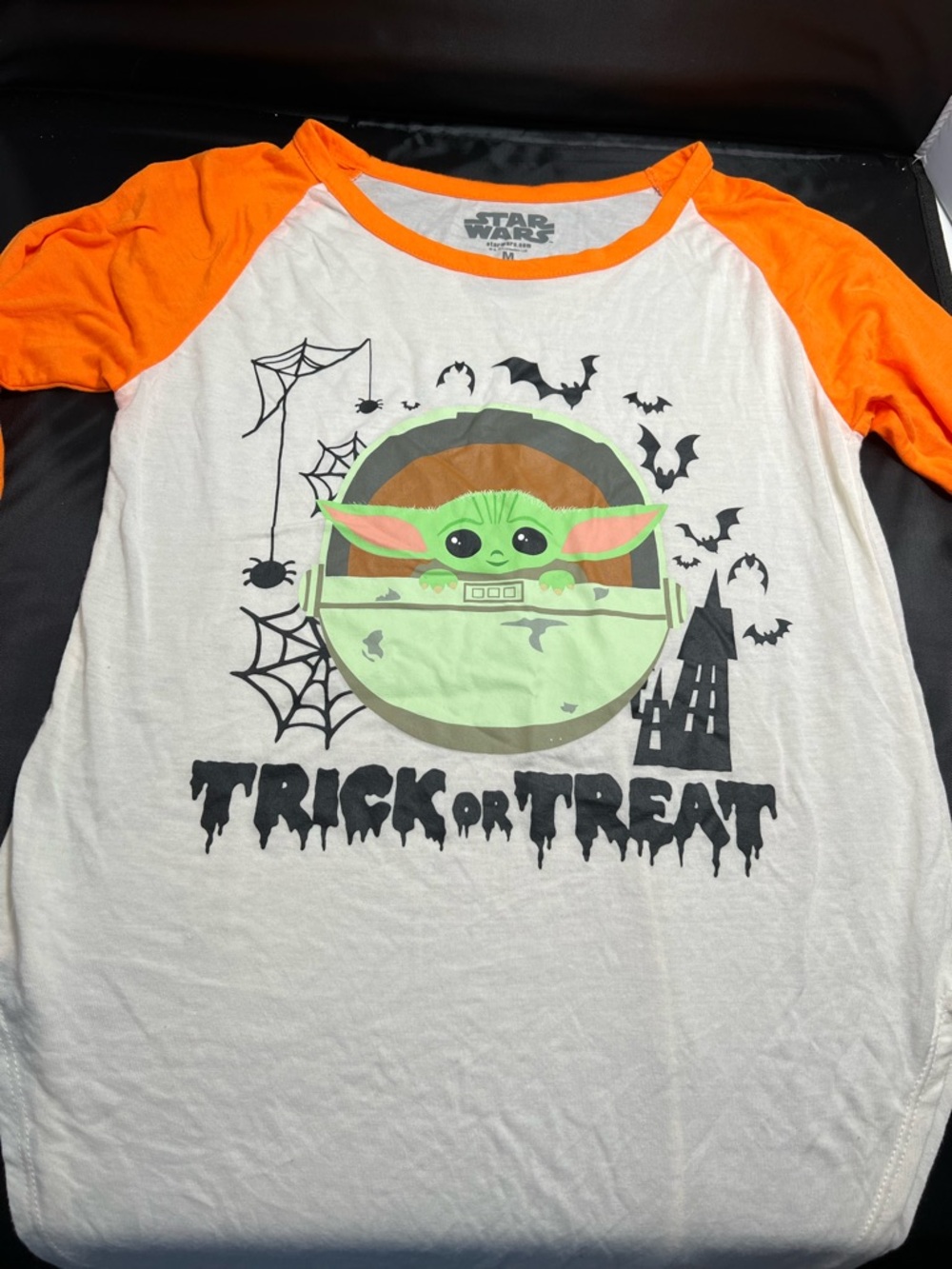 Star Wars White Tee with Bright Orange Trim and Green Graphic